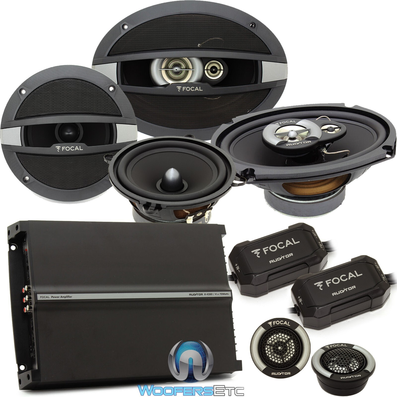 3pkg FOCAL R165S2 6.5" COMPONENT + R-690C 6X9" SPEAKERS + R4280 4-CHANNEL AMP
