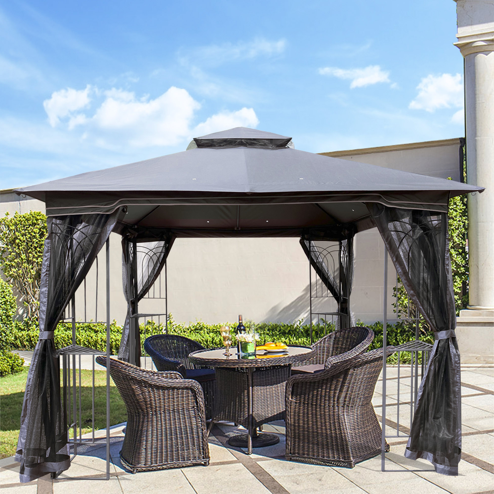 10x10FT Garden Patio Gazebo Canopy Tent With Ventilated Double Roof Mosquito Net