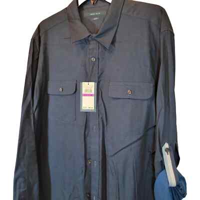 Perry Ellis Shirt 2XLT Slim Fit Navy Blue Untucked Striped Roll Up Sleeve Tabs 