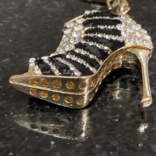 ::Gold Keyring Rhinestone Crystal Black Heels Shoe Keychain Car Purse Charm