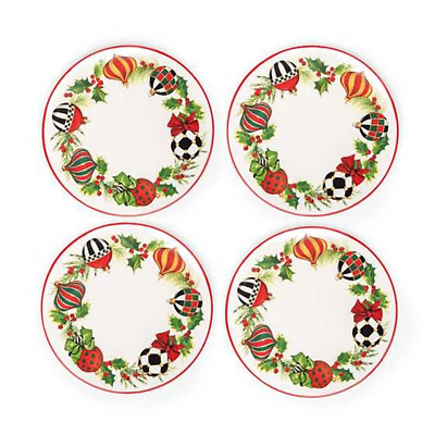 MACKENZIE-CHILDS Deck The Halls Salad Plates 7.5'' White Red Set of 4 New