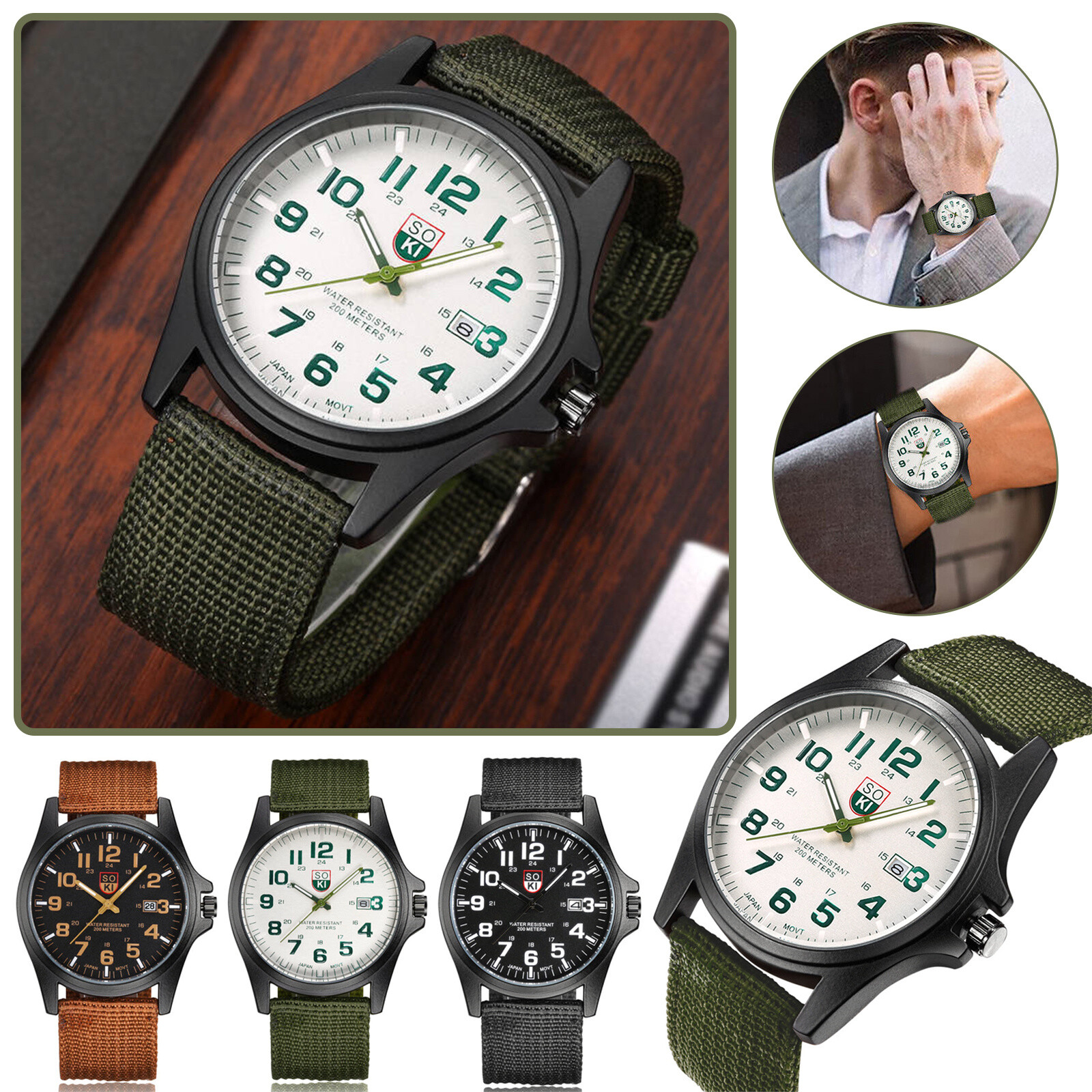 2023 Neu Armbanduhr Militar Herren Armee Stoff Uhrenband Grun Quarz Watch Sport