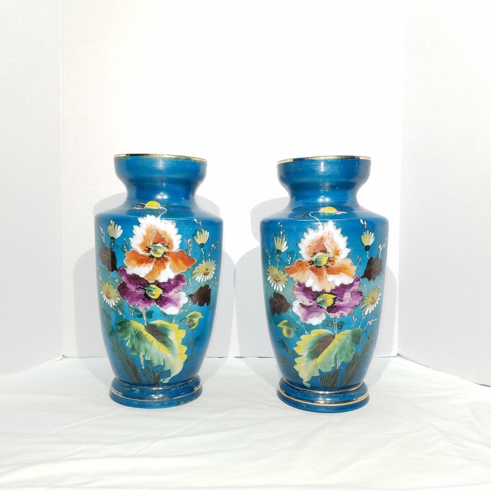 French Opaline Antique Hand-Painted Blue Floral Gilted Vase Pair 12.50