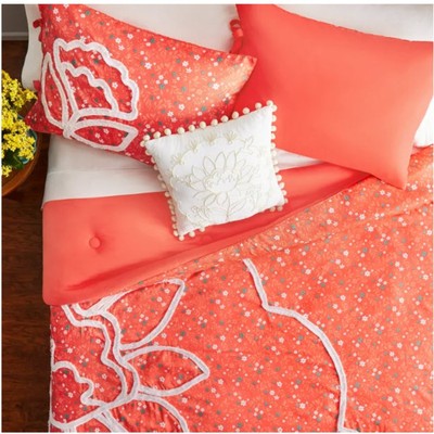 The Pioneer Woman Coral Floral Tufted 4-Piece Full/Queen Comforter Set, New