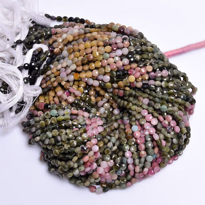 100% Natural Multi Tourmaline Gemstone Coin Faceted Beads 4X4mm Strand 13'' AB128