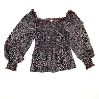 Max Studio Women's Blouse Black Floral Large 3/4 Sleeve