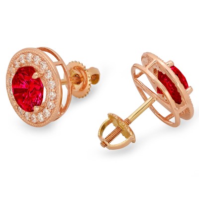 Pre-owned Pucci 1.18 Round Cut Vvs1 Halo Red Simulated Ruby Designer Stud Earrings 14k Rose Gold