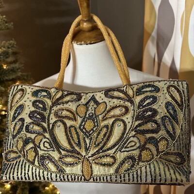 Tan and gold gorgeous beaded embroidered bag with double beaded strap