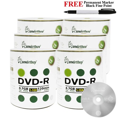600 16X Smartbuy Logo DVD-R 4.7GB 120Min Record Disc + Black Permanent Marker