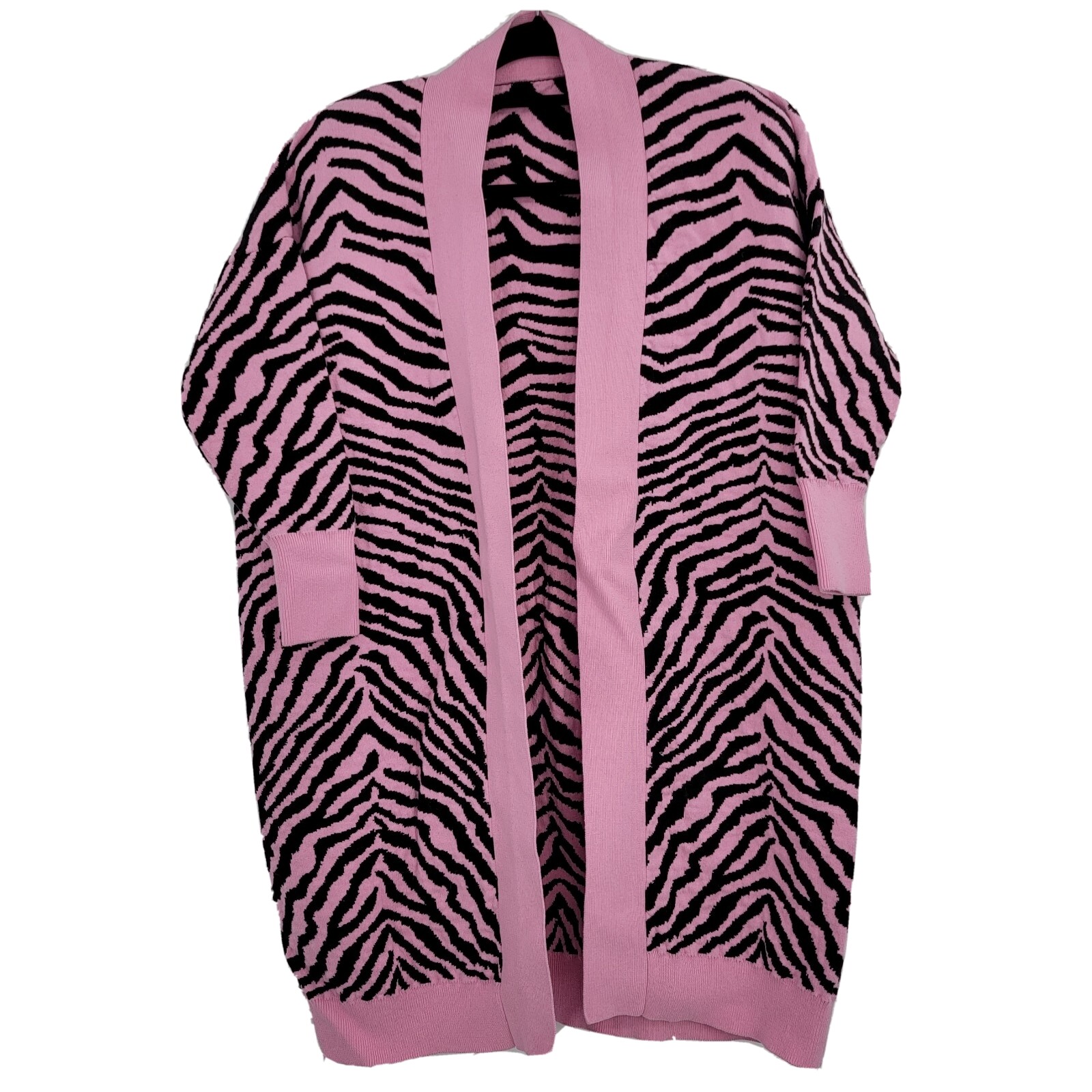 Zebra Print Open Front Knit Cardigan Heavy Pink Black 3/4