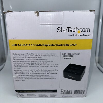 NEW INSIDE - StarTech.com SDOCK2U33RE USB 3.0/eSATA 1:1 SATA Duplicator w/UASP