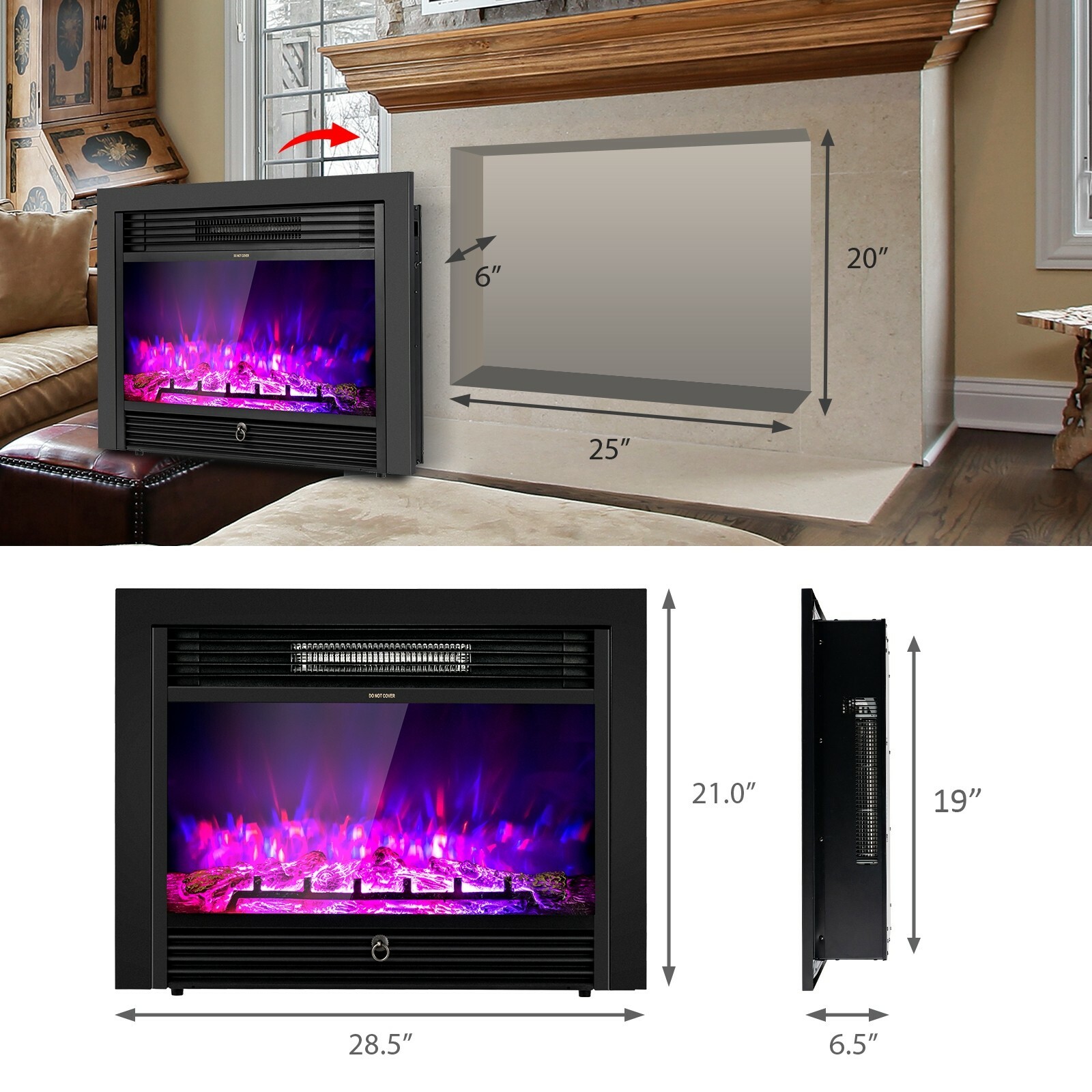 28.5" Fireplace Electric Embedded Insert Heater Glass Log 3 Flame Color Remote