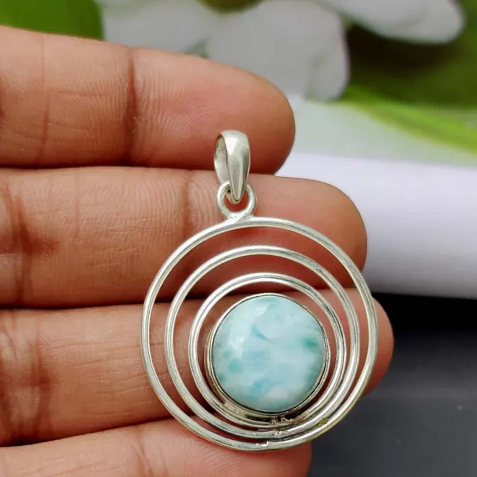 ◯larimar◯ Big Size Spider Web Pattern Larimar Cabochon, Larimar