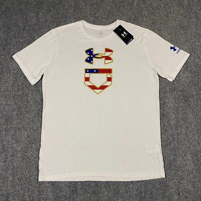 Under Armour Baseball USA American Flag Logo T-Shirt Mens Large White Freedom UA