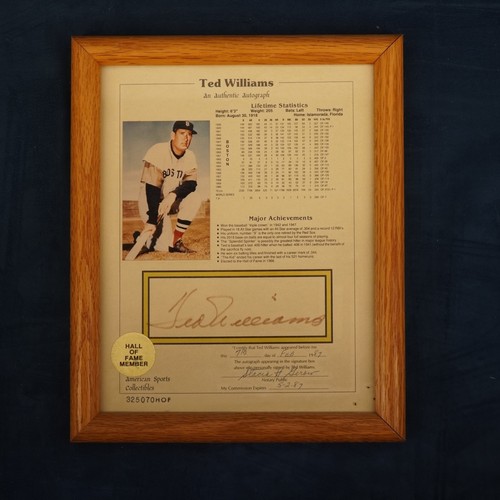 Ted Williams HOF Photo & Stats Sheet Notarized & Certified - Free Shipping USA