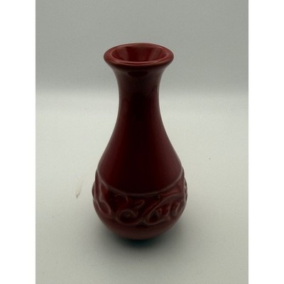 Vintage Red Ceramic Bud Vase Embossed Scroll Design Glossy Stoneware Home Decor