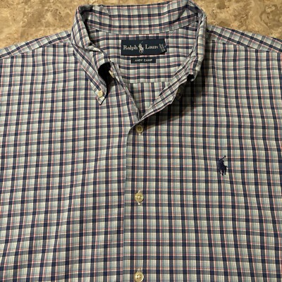 Polo Ralph Lauren Mens Large Blue Plaid Andy Camp Loop Collar Cotton Check