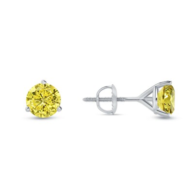 Pre-owned Shine Brite With A Diamond 2 Ct Round Canary Earrings Studs Solid Real 18k White Gold Screw Back Martini
