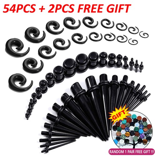 54PC Ear Stretching Starter Kit 14G-00G Acrylic Spiral Taper Tunnels Gauge Plugs