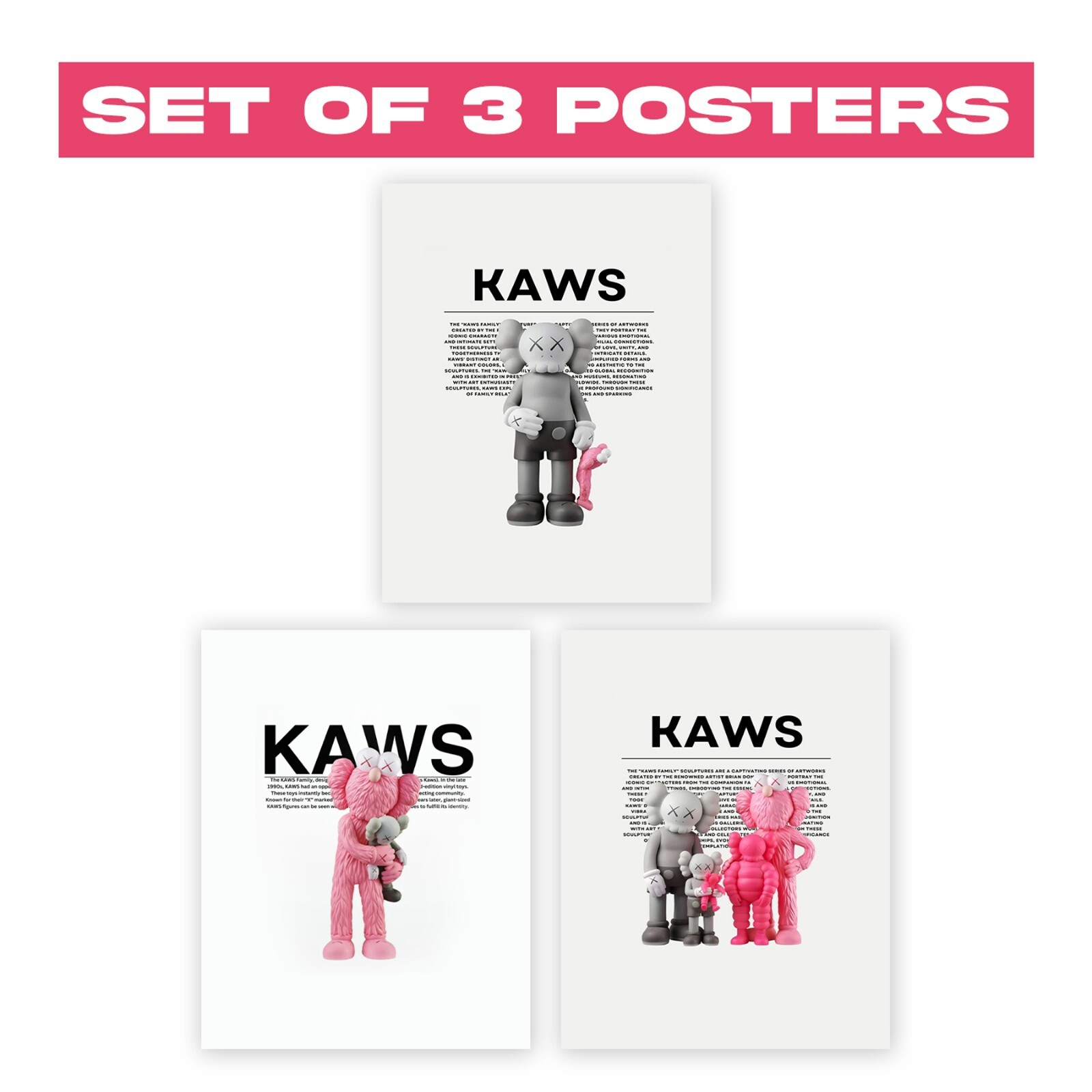 KAWS Hypebeast Black & Pink Wall Decor Set of 3 Posters