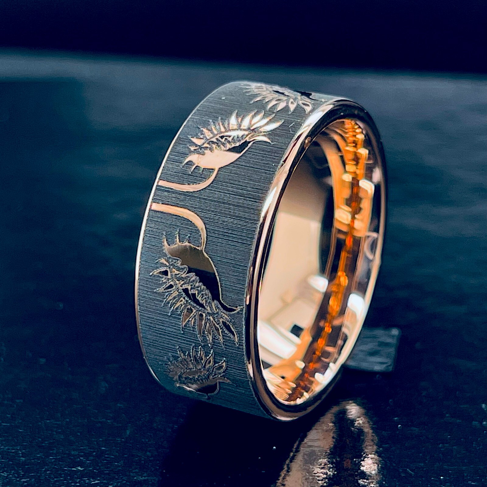 Pre-owned Rosegold Sunflowers Pattern Engrave Rose Gold Tungsten Carbide Ring, Mens And Women Ring