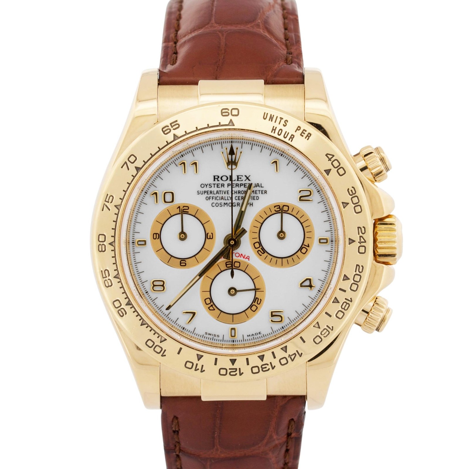 Rolex Daytona Cosmograph WHITE ARABIC 18K Yellow Gold Brown Leather 116518