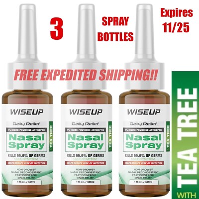 Nasal Spray with 1% Iodine & Tea Tree for Allergy Relief, Sinus, Flu, Cold -3 PK