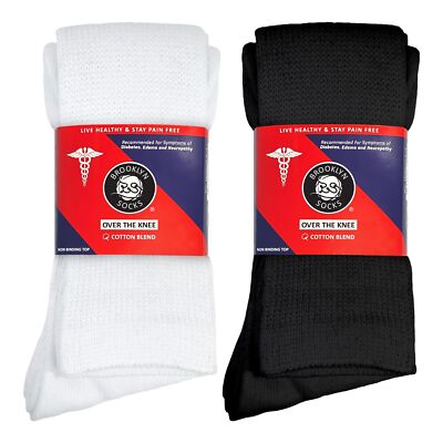 4 Pairs of Over the Knee Non-Binding Cotton Diabetic Neuropathy Socks Black a...