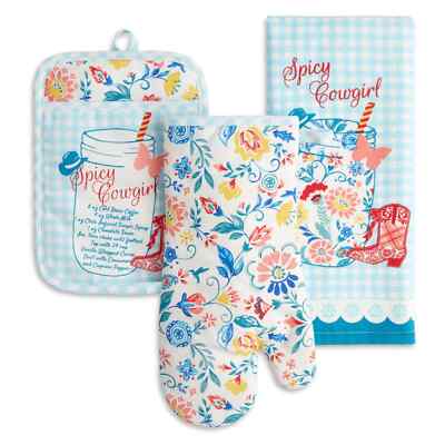 Pioneer Woman Kitchen Towel Oven Mitt Pot Holder Set Sweet Rose Spicy Cowgirl 3P