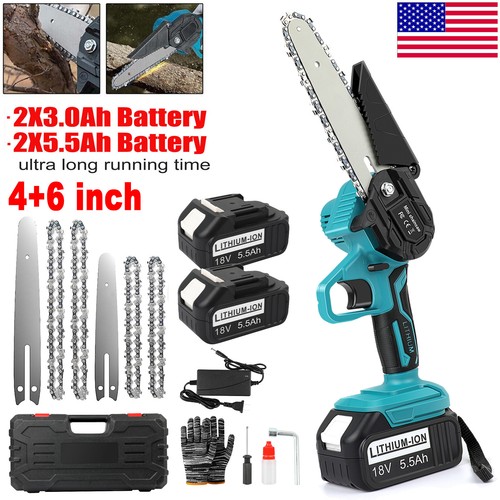 4+6" Electric Mini Chainsaw Cordless Handheld Saw 2 Battery + 4 Chain for Makita