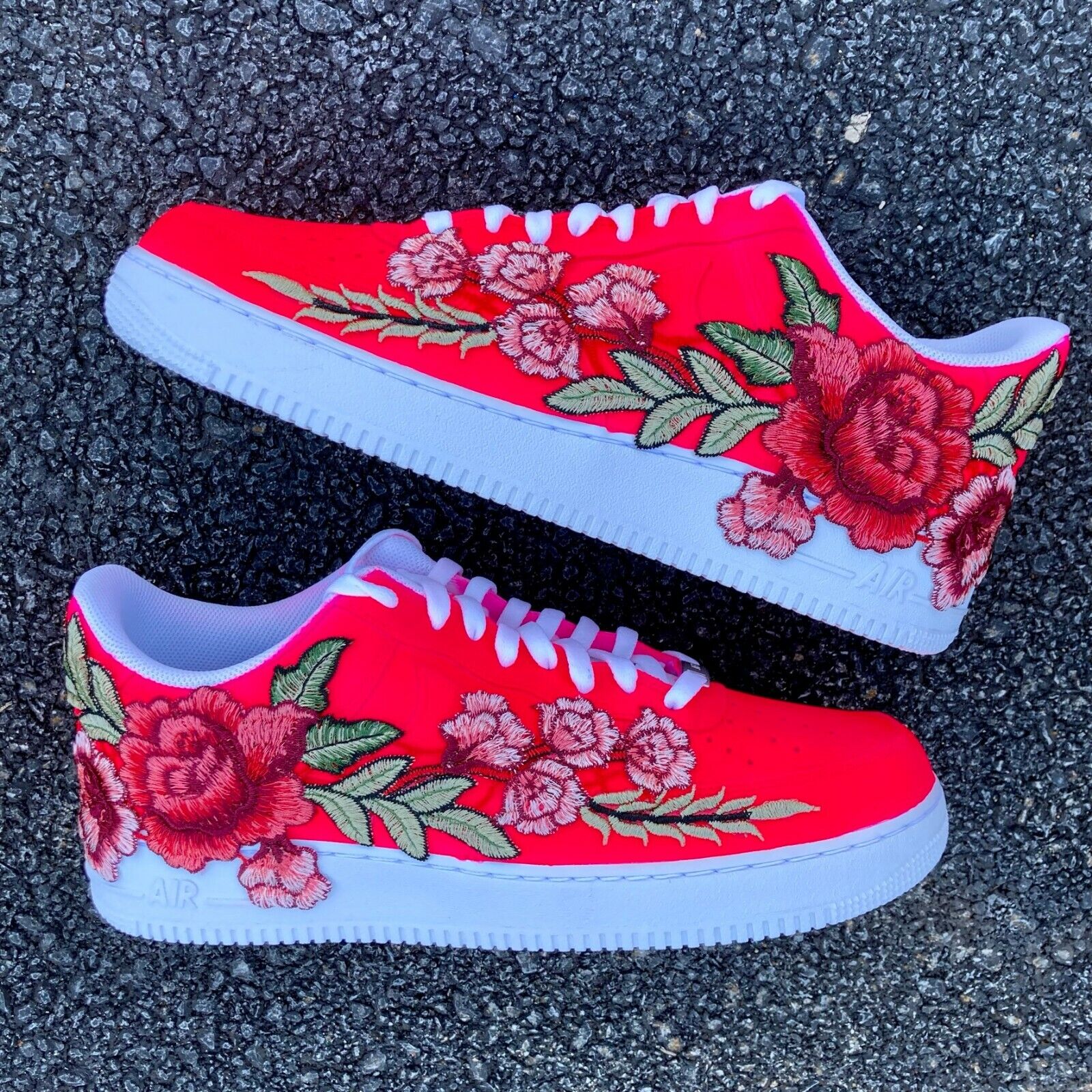 Pre-owned Nike Air Force 1 Custom Low Neon Pink Red Rose Floral White Shoes Men Women