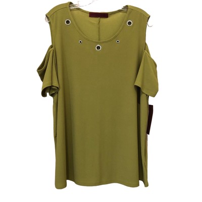 Love Scarlett Women s Cold Shoulder Flutter Top 2X Green Tea Jeweled Neckline