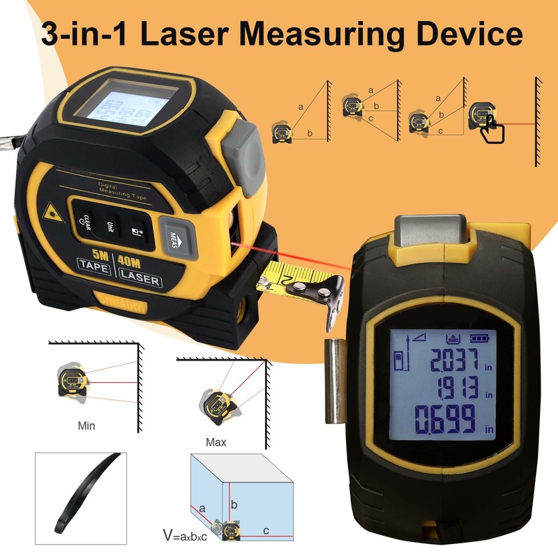 Sturdy 3in1 Laser Tape Measure Laser Level Tape Measure Lightweight