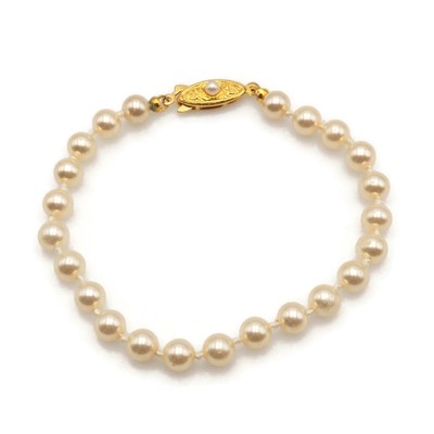 Vintage Gold Tone Hand Tied Cream 6mm Faux Pearl Strand Fashion Bracelet 6.75 in