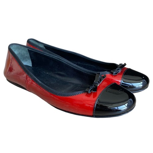 PRADA Red Patent Leather Black Patent Bow & Cap Toe Ballet