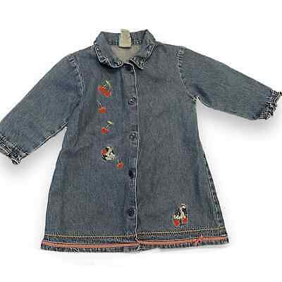 Vintage Toddler Denim Dress, Button Down, Collared, Embroidered Puppy Dogs 18mos