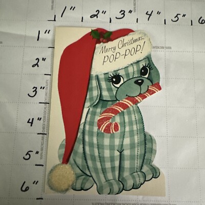 Vintage Merry Christmas Pop Pop Grandfather Granddad Pappy Gingham Puppy HTF
