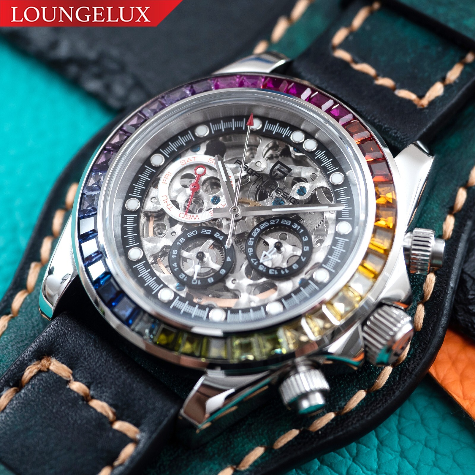 Pre-owned Pagani 40mm Automatic Mechanical Watch Silver Chrome Rainbow Cubics Green Leather Cuff