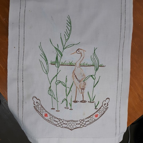 Vintage Table Runner Hand Embroidered 14 x 36 Inch Antique White Stork Design