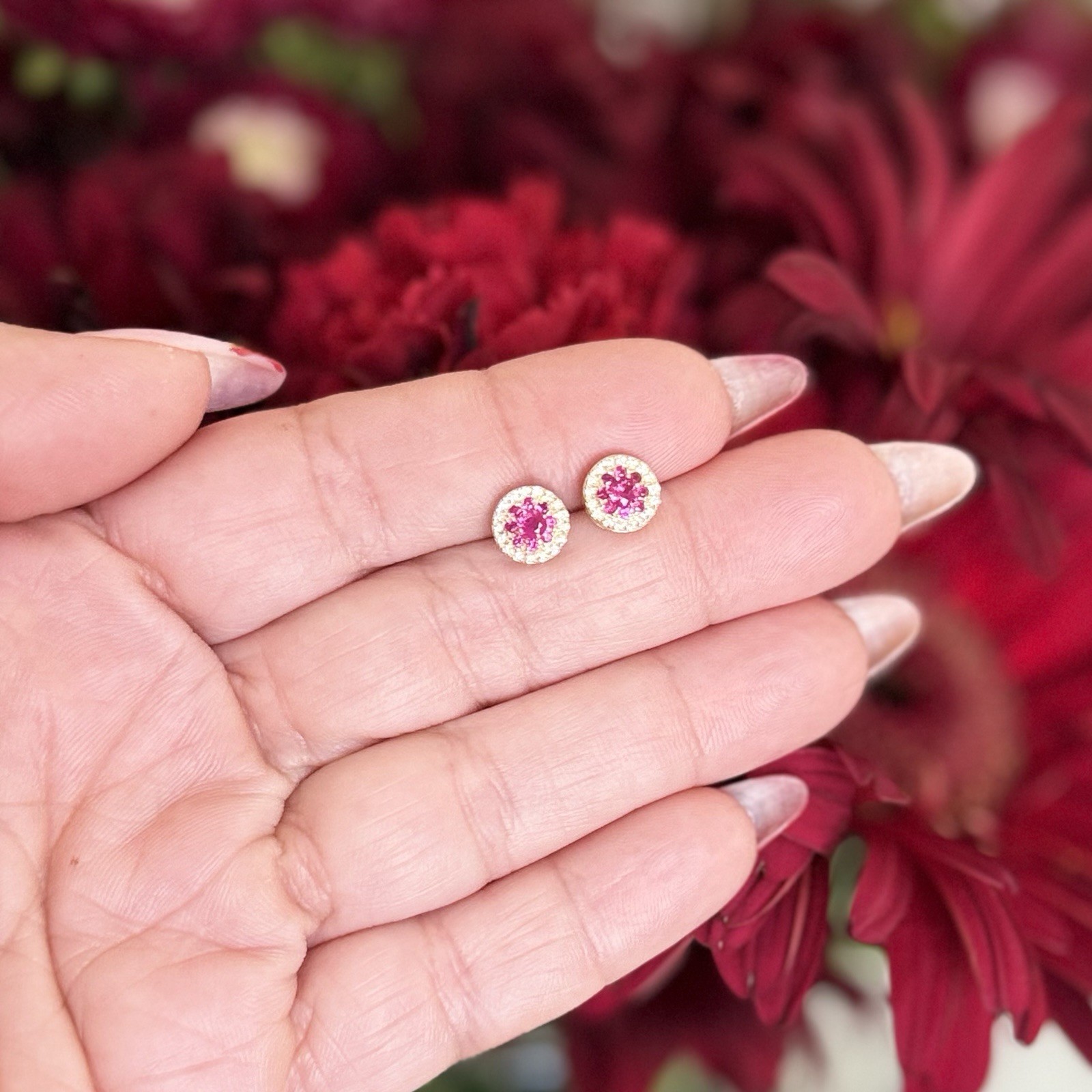 14k Yellow Gold Genuine Ruby & Diamond Halo Stud Screw-Back Earrings, New - Picture 10 of 10