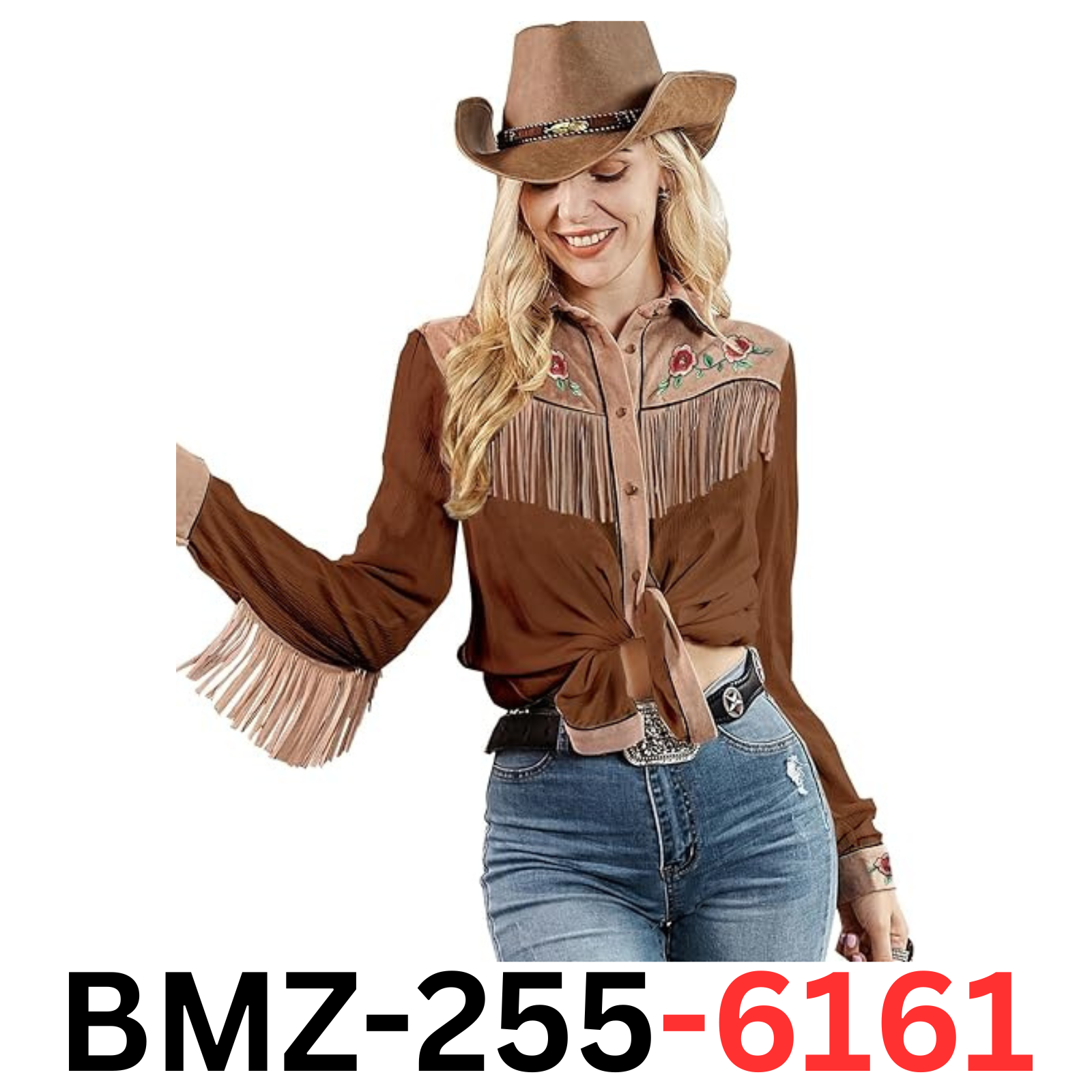JOHN MOON Womens Fringe Cowgirl Western Long Sleeve Shirts Floral Embroidered, S