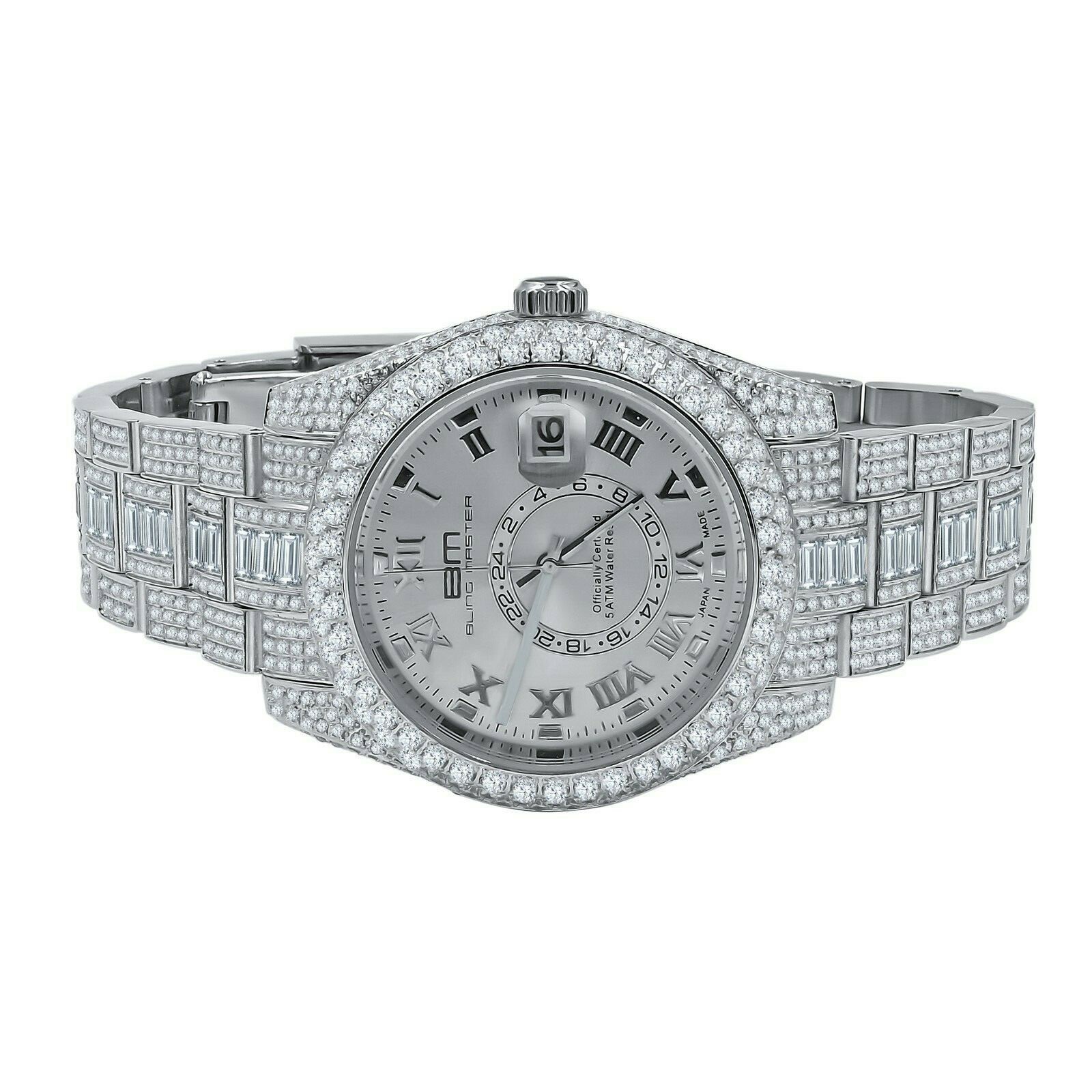 Pre-owned Bling Master - Knight White Gold Tone Finish Stainless Steel Simulated Diamond 42mm Men's Watch W/date