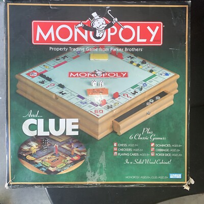 Monopoly and Clue Plus 6 Classic Games in a Wood Cabinet COMPLETE 2007 Chess EUC