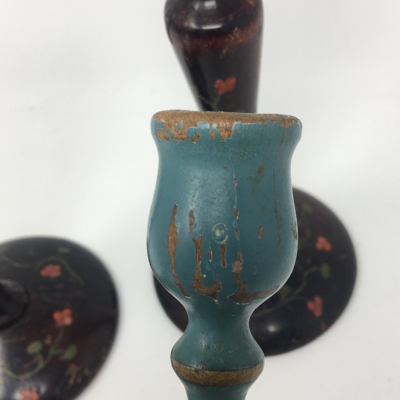Wooden Candlestick Pair Hand Painted Vintage Farmhouse Style Decor