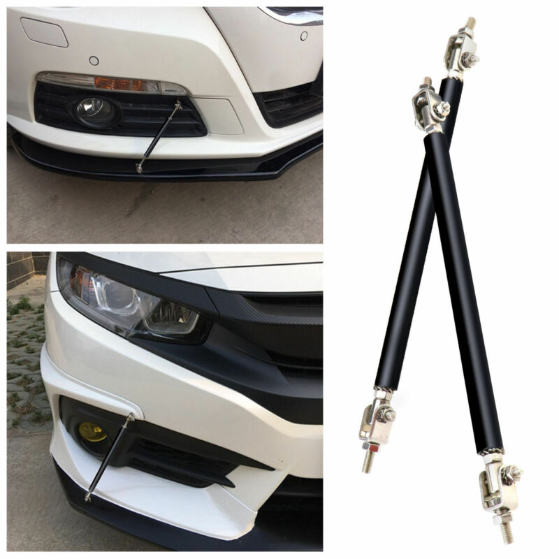 2pc Black Adjustable Car Front Bumper Lip Splitter Rod Strut Tie Support Bar Kit