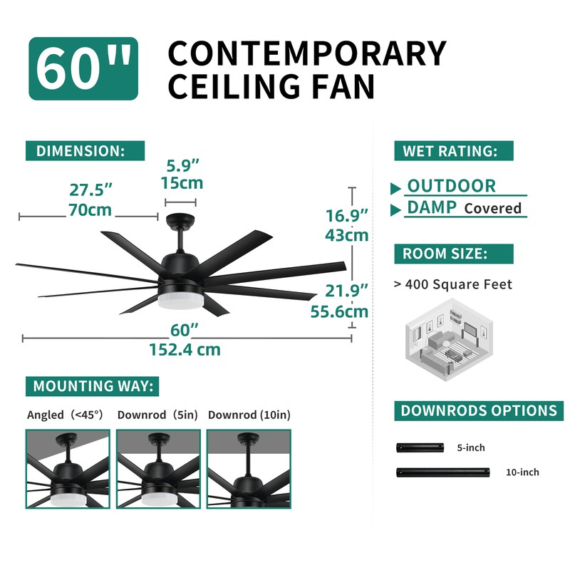 60" Black Ceiling Fan Dimmable LED 3 Color Indoor Outdoor Light Fan w/ 6 Speeds