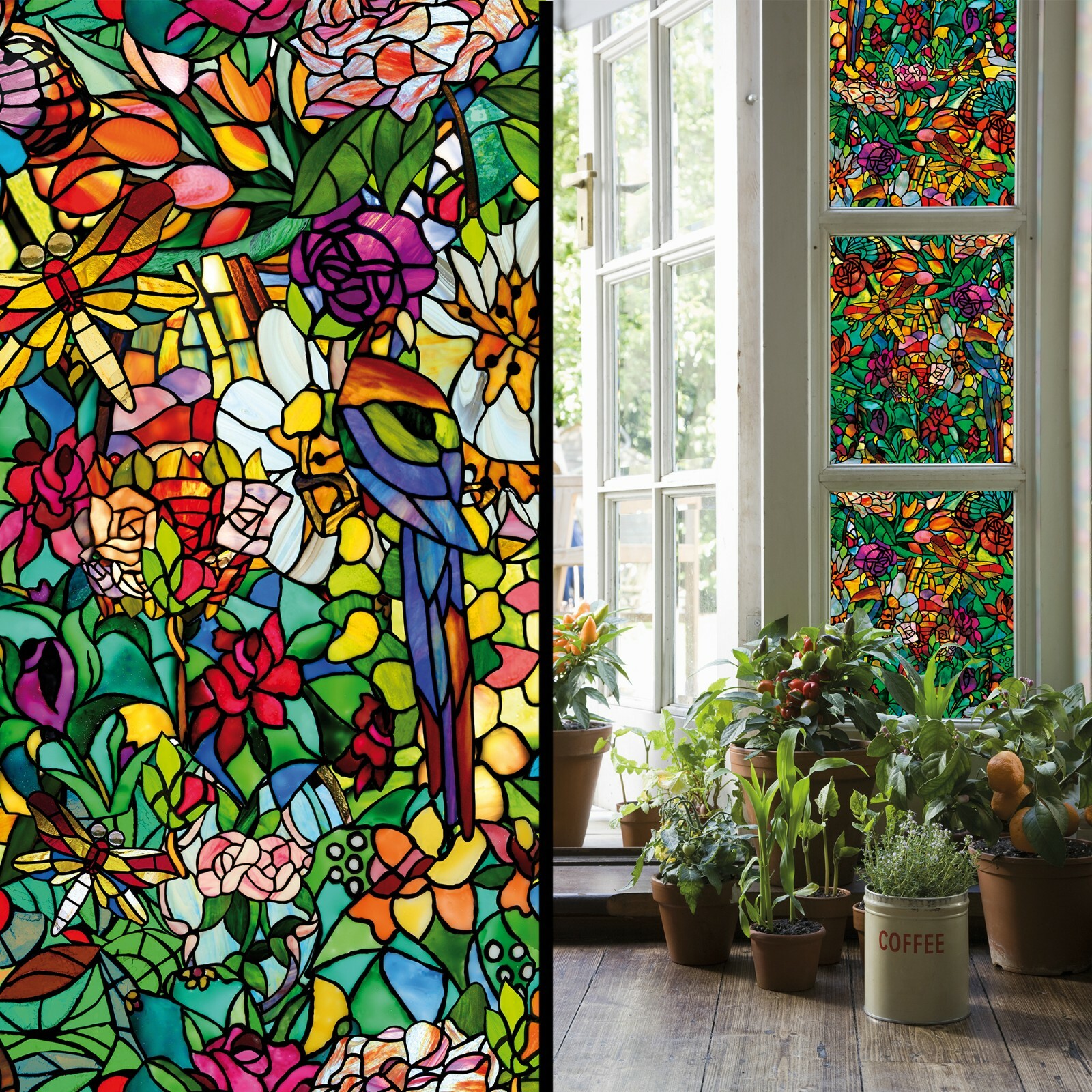 Fensterfolie Buntglas Tulpenmuster – 25x270 Cm, Statisch Haftend, UV-Schutz, Privatsphäre
