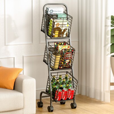 Fruit Vegetable Storage Basket, 3 Tier Metal Basket Stand with Wheels Kitchen