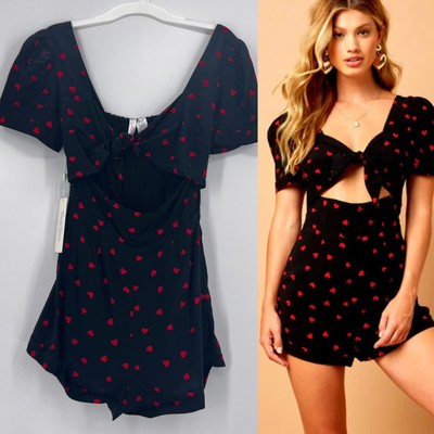 Beach Bunny NWT Womens Ryley Romper Sz M Black Red Hearts 