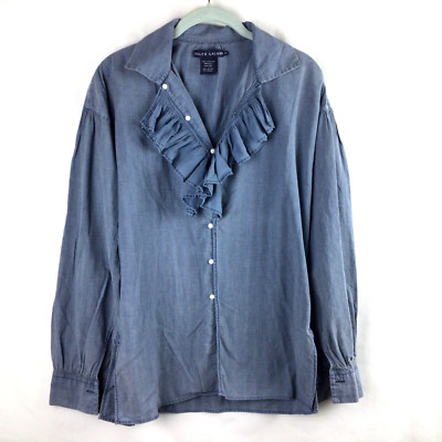 Ralph Lauren Blue Label Stripe Ruffle Front Button Down Shirt Tunic Womens sz 8